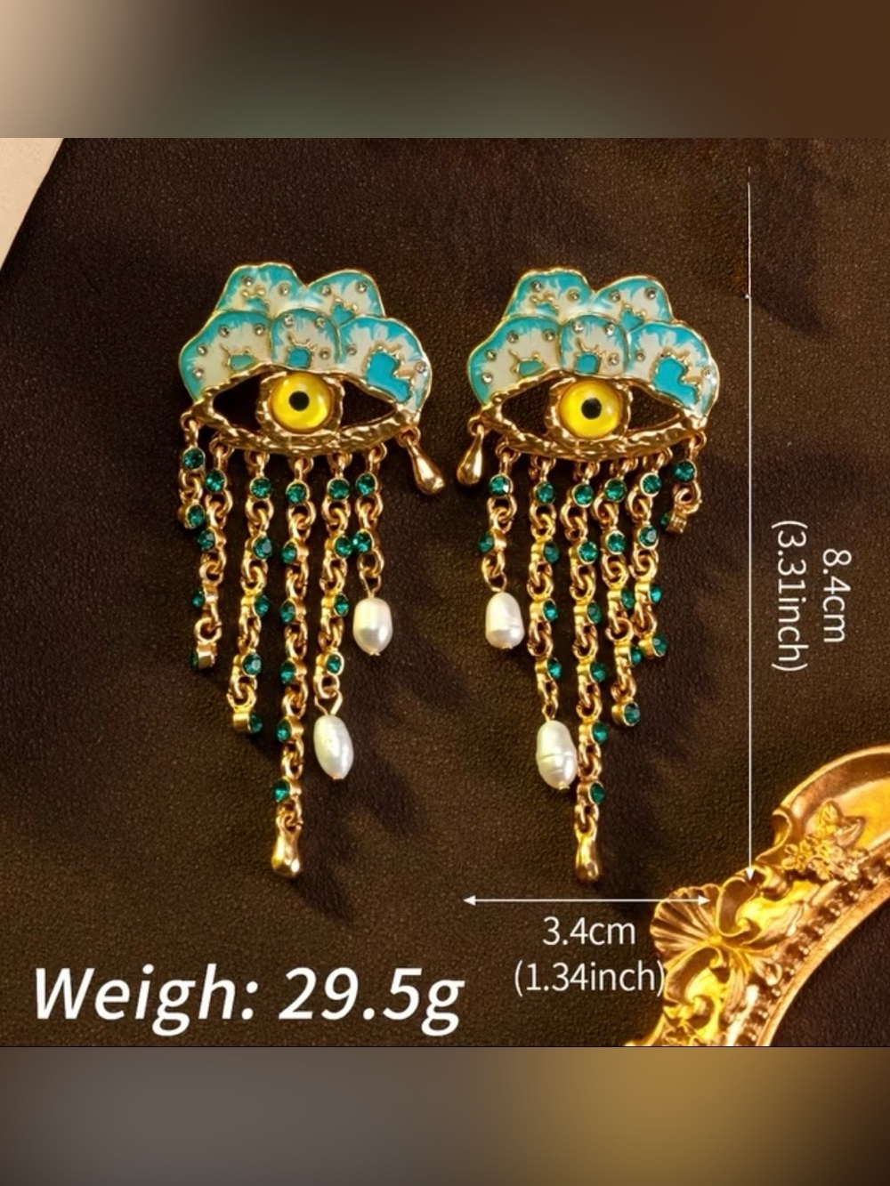 Schiaparelli Inspired Gold-Tone Turquoise Eye Drop Earrings - Picture 2 of 6